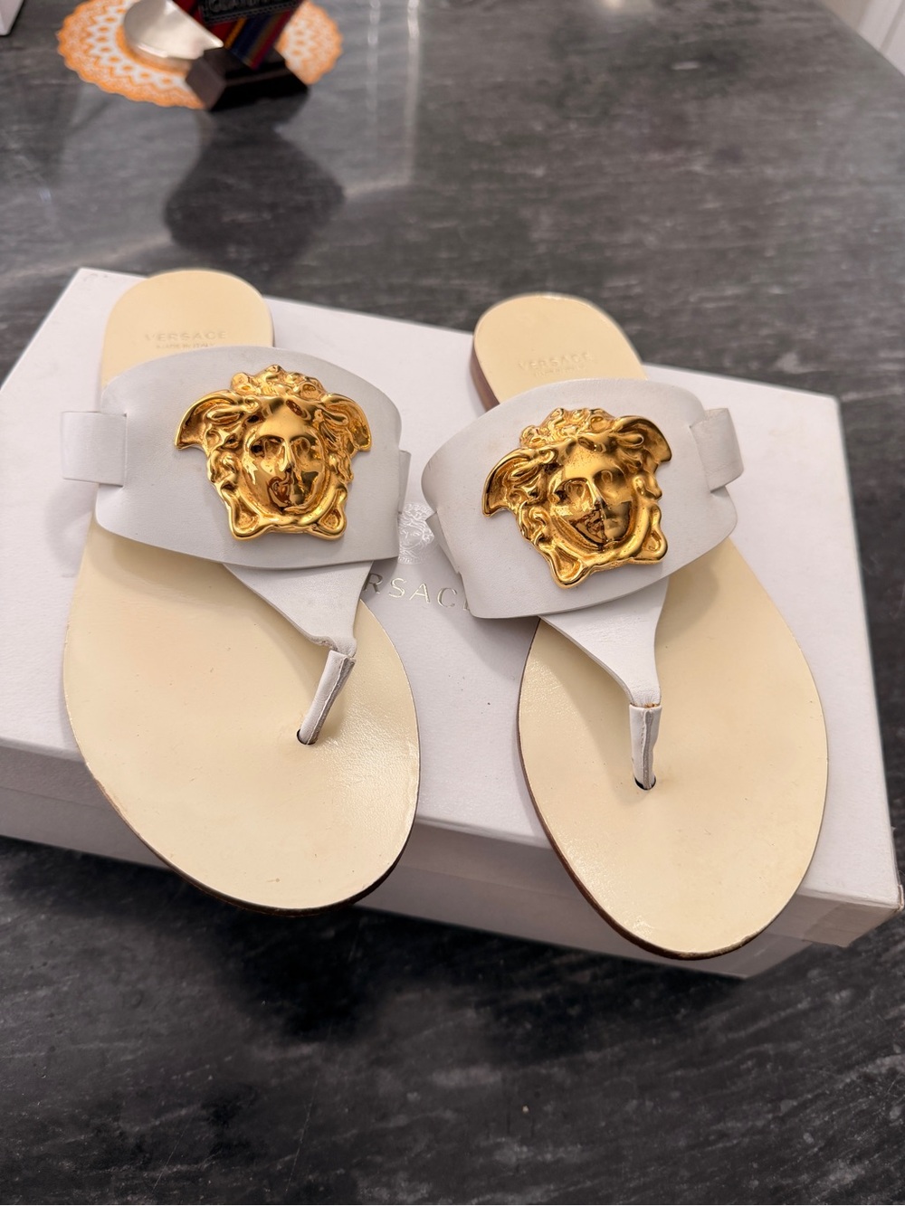 Versace White Leather Medusa Sandals - Luxury Italian flip flops size 35.5 us5-6